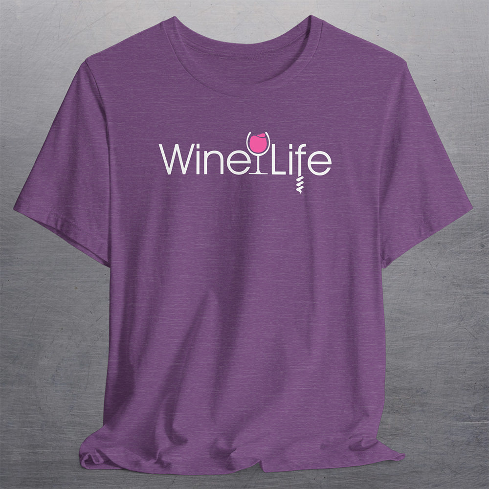 heather purple t-shirt with wine life logo and pink rose' wine glass and corkscrew