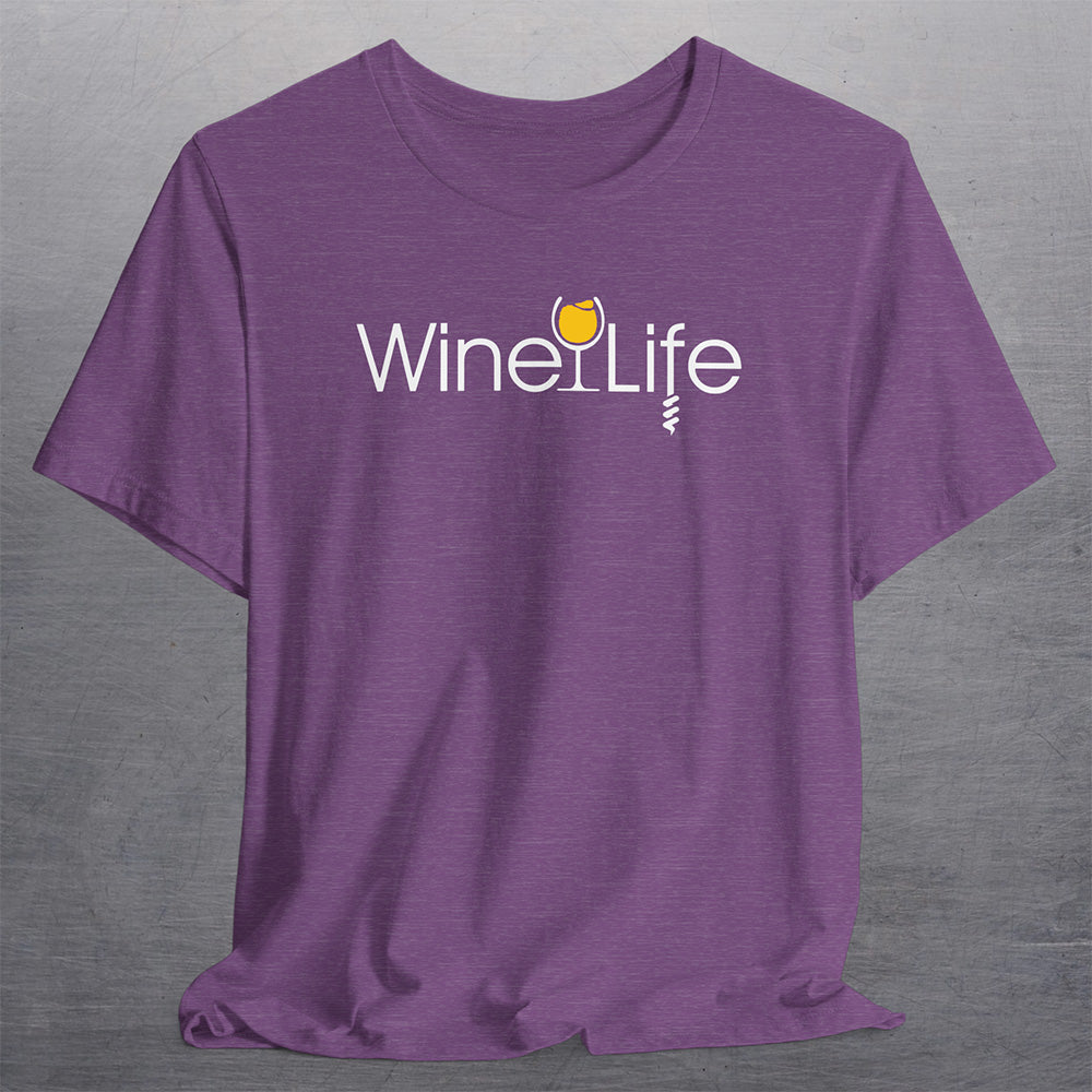 heather purple t-shirt with wine life logo of yellow wine glass and corkscrew