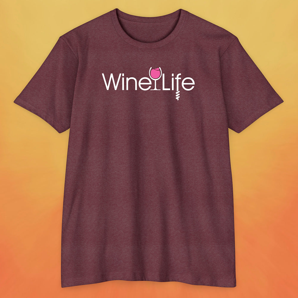 heather maroon red t-shirt with wine life logo and pink rose' wine glass and corkscrew