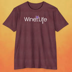Wine Life logo with purple wine glass and corkscrew on heather maroon red shirt 