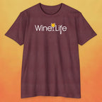 heather maroon red t-shirt with wine life logo of yellow wine glass and corkscrew