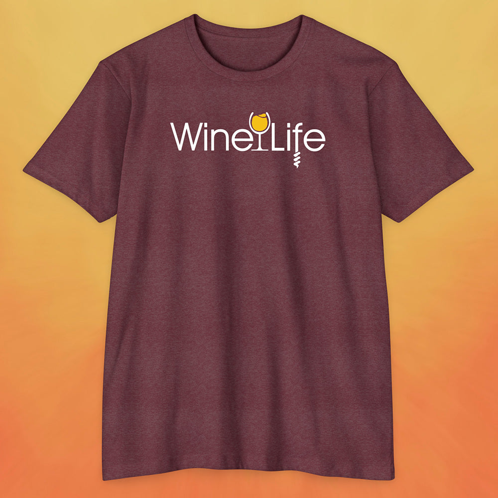 heather maroon red t-shirt with wine life logo of yellow wine glass and corkscrew