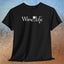 Black t-shirt with Wine Life text written in jagged edge calligraphy letters, with a glass of white wine and a corkscrew