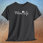 Heather charcoal gray t-shirt with Wine Life text written in jagged edge calligraphy letters, with a glass of white wine and a corkscrew