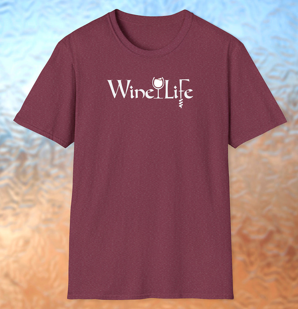Heather maroon t-shirt with Wine Life text written in jagged edge calligraphy letters, with a glass of white wine and a corkscrew