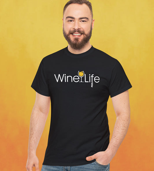 Man wearing black t-shirt with wine life logo of yellow wine glass and corkscrew