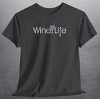 Heather charcoal shirt with wine life logo of purple wine glass and corkscrew