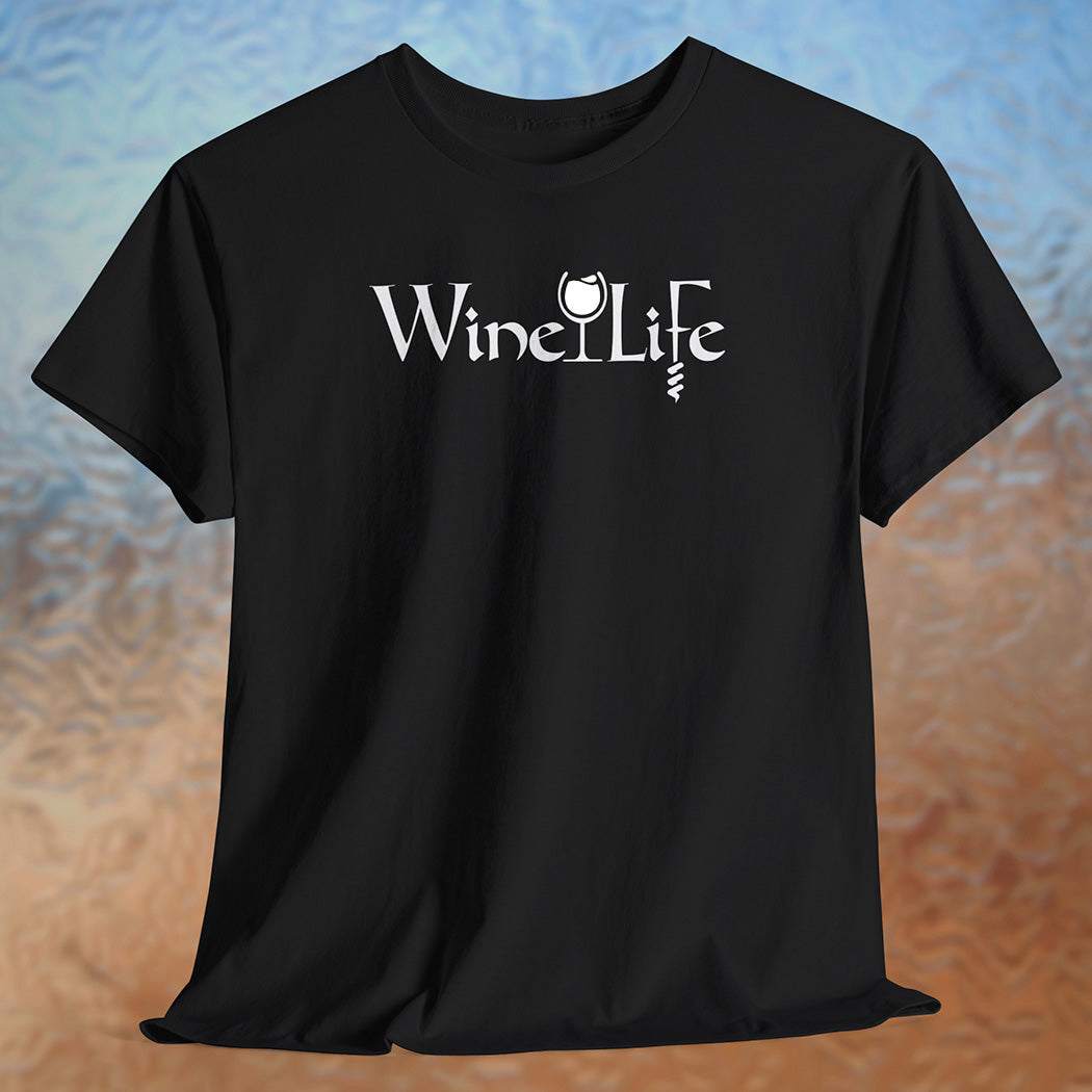 Black t-shirt with Wine Life text written in jagged edge calligraphy letters, with a glass of white wine and a corkscrew