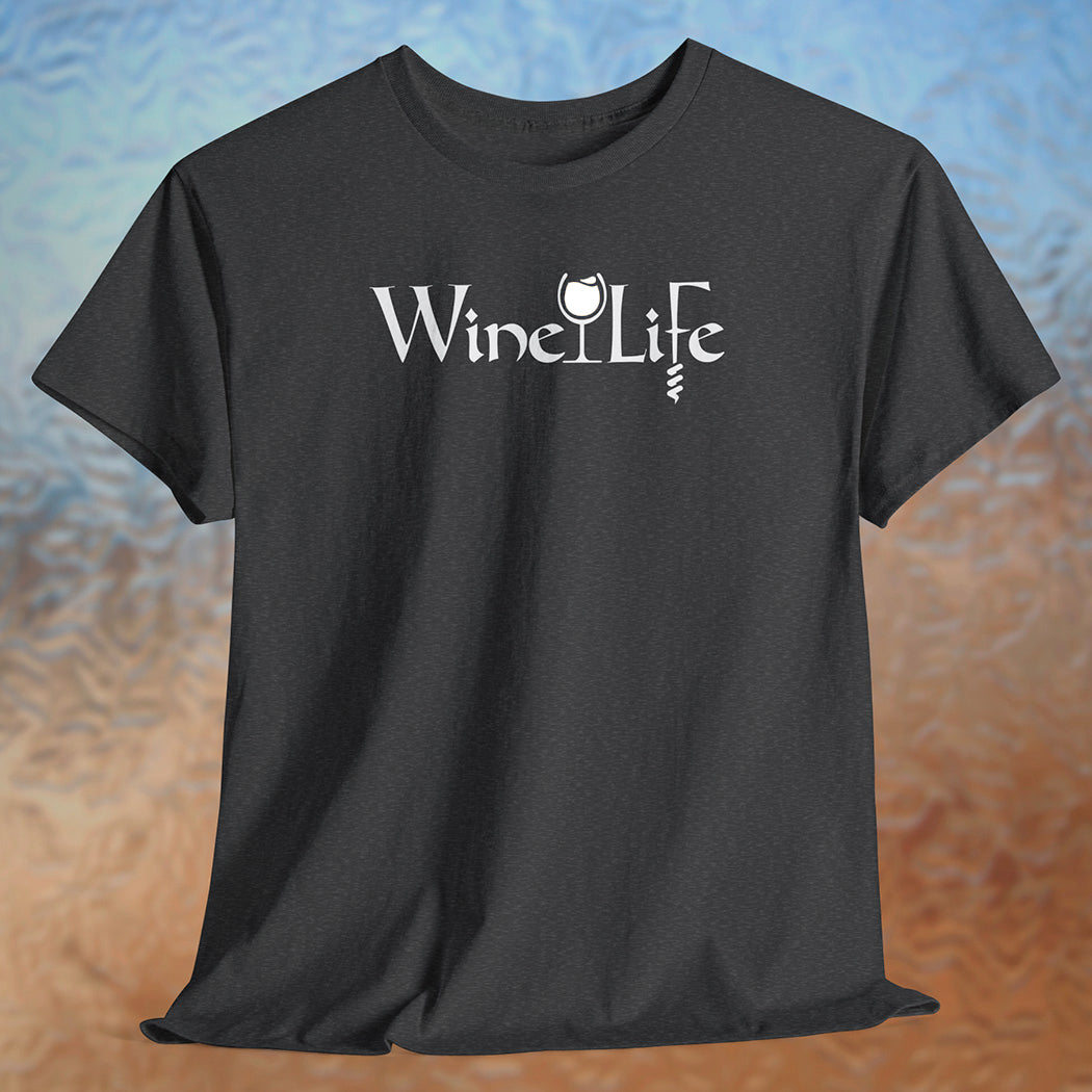 Heather charcoal gray t-shirt with Wine Life text written in jagged edge calligraphy letters, with a glass of white wine and a corkscrew