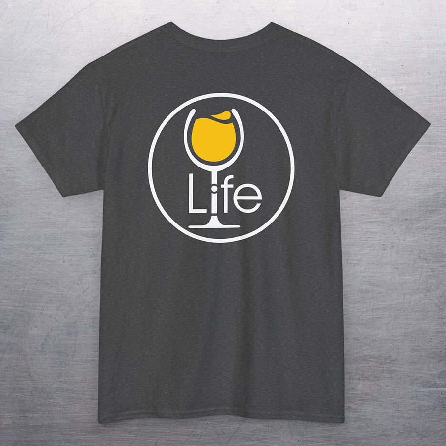 Heather charcoal gray t-shirt with round Wine Life logo, with yellow golden white wine glass.