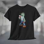 Black t-shirt with wine life cartoon zombie holding wine glass and bottle of wine.