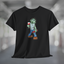 Black t-shirt with wine life cartoon zombie holding wine glass and bottle of wine.
