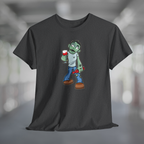 Heather charcoal gray t-shirt with wine life cartoon zombie holding wine glass and bottle of wine.
