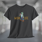 Heather charcoal gray t-shirt with cartoon zombie holding wine glass and bottle of wine, with WineLife logo in creepy font