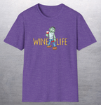 Heather purple t-shirt with cartoon zombie holding wine glass and bottle of wine, with Wine Life logo in creepy font