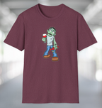 Heather red maroon t-shirt with wine life cartoon zombie holding wine glass and bottle of wine.