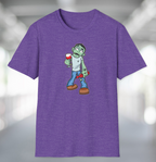 Heather purple t-shirt with cartoon wine life zombie holding wine glass and bottle of wine.