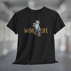 Black t-shirt with cartoon zombie holding wine glass and bottle of wine, with WineLife logo in creepy font